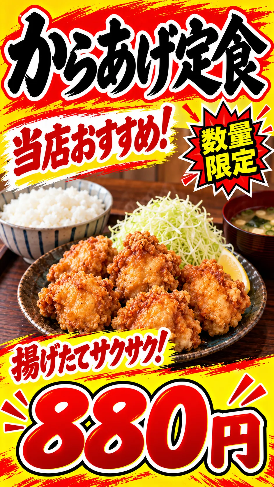 不自然になったAI料理画像へ修復プロンプトを適用して自然な唐揚げ定食へ改善した結果