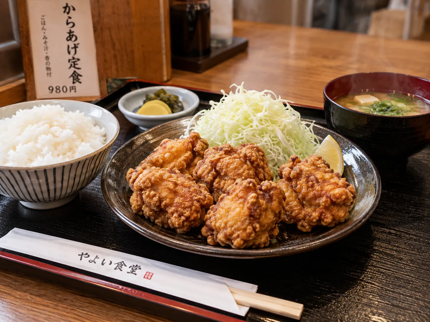 ChatGPT Images 2.5で最初に生成した自然な唐揚げ定食の料理写真
